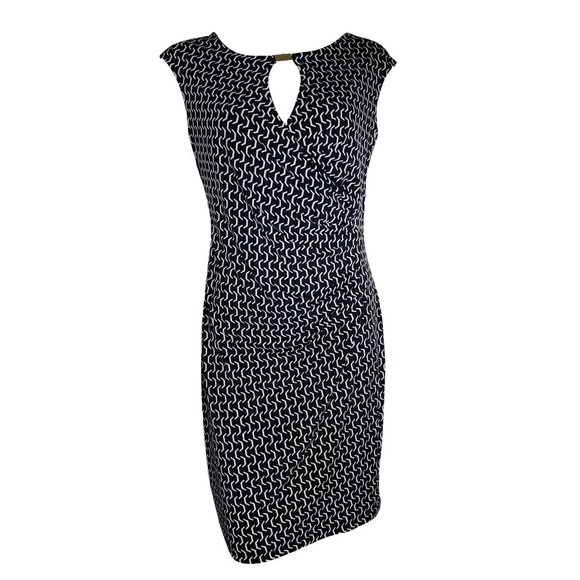 ENFOCUS STUDIO Blue White Geometric Cap Sleeve Ruched Dress Womens Size 8 - Picture 1 of 5